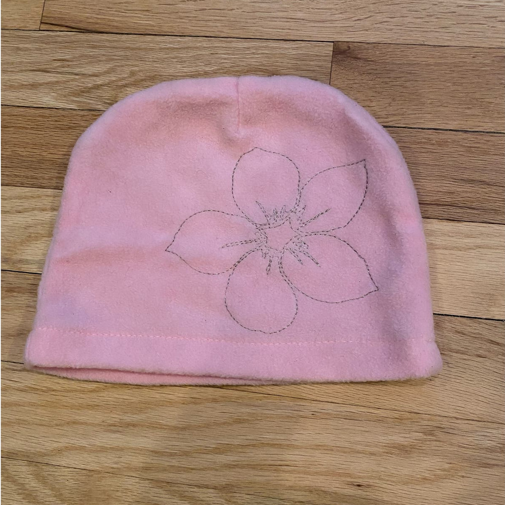 Girls Pink Fleece Hat with Silver Flower Design